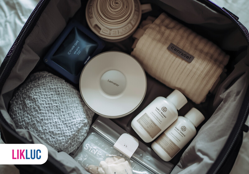Mala organizada com produtos de cuidados pessoais.