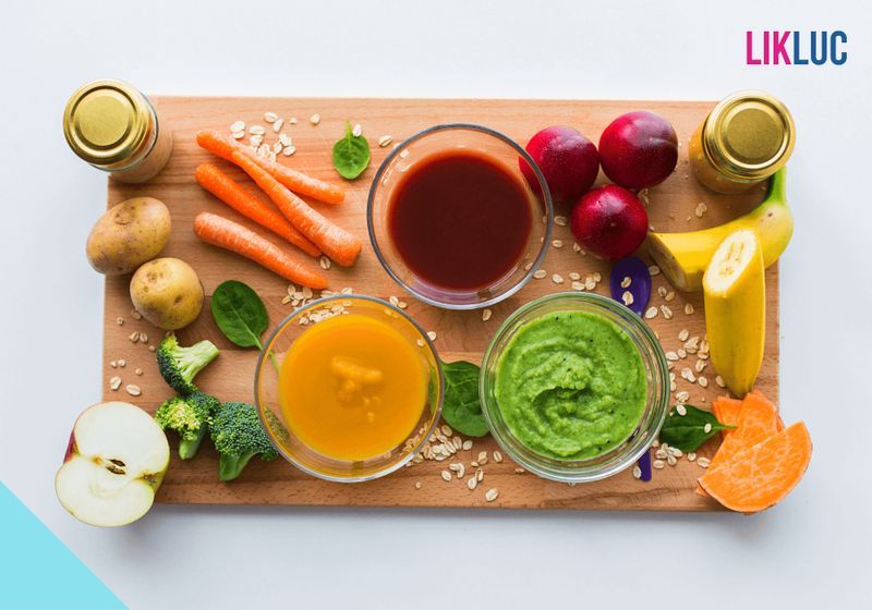 Imagem de verduras e legumes e papinhas preparas com cenoura e beterraba