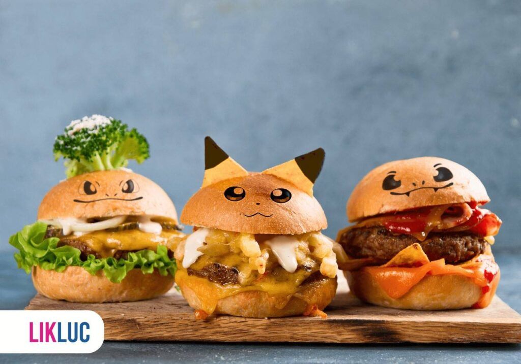 Imagem de hamburguer personalizados com olhos, nariz e boca dos personagens do pikashu