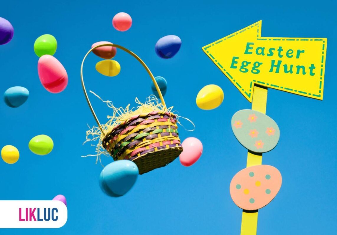 ilustração com óvos de páscoa no ar, com fundo de céu azul, uma placa amarela apontando para uma cesta de páscoa