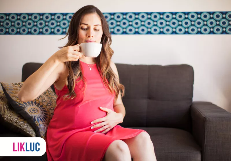 Mulher grávida bebendo café em sofá confortável