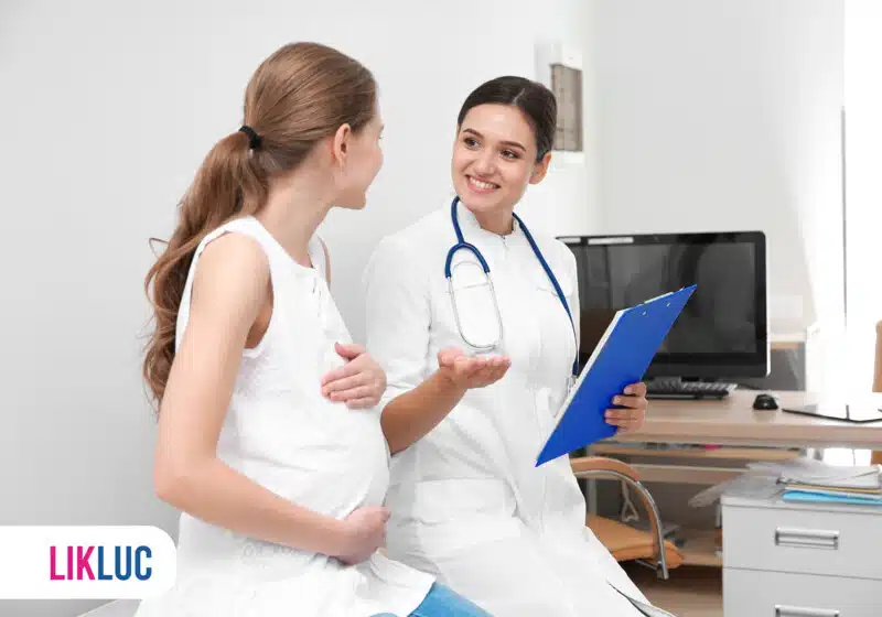 Consulta médica com gestante e profissional de saúde.