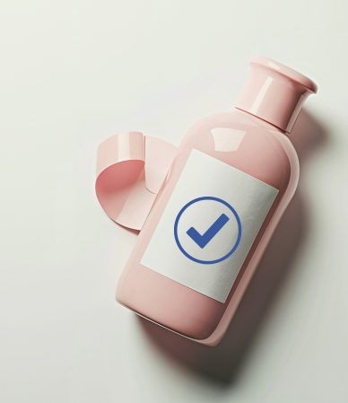 Frasco rosa de produto com selo de qualidade
