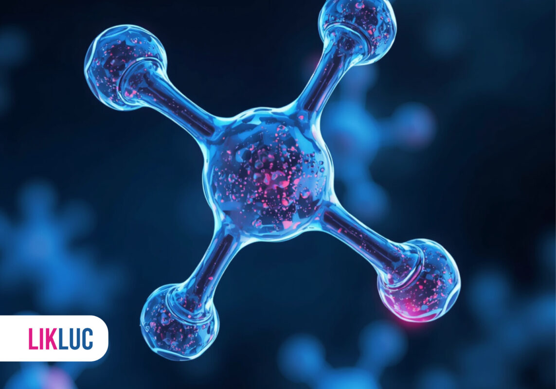 Modelo molecular em fundo azul com detalhes coloridos