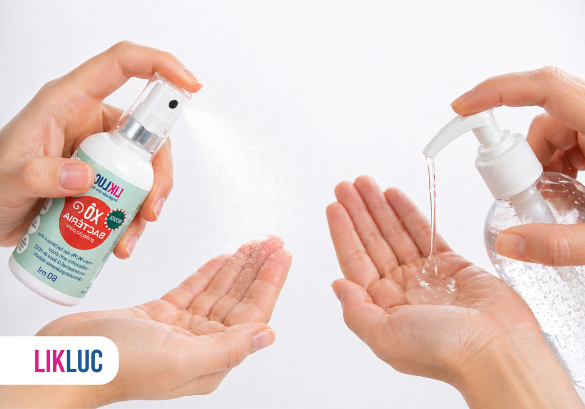 Aplicação de desinfetante nas mãos com spray e líquido