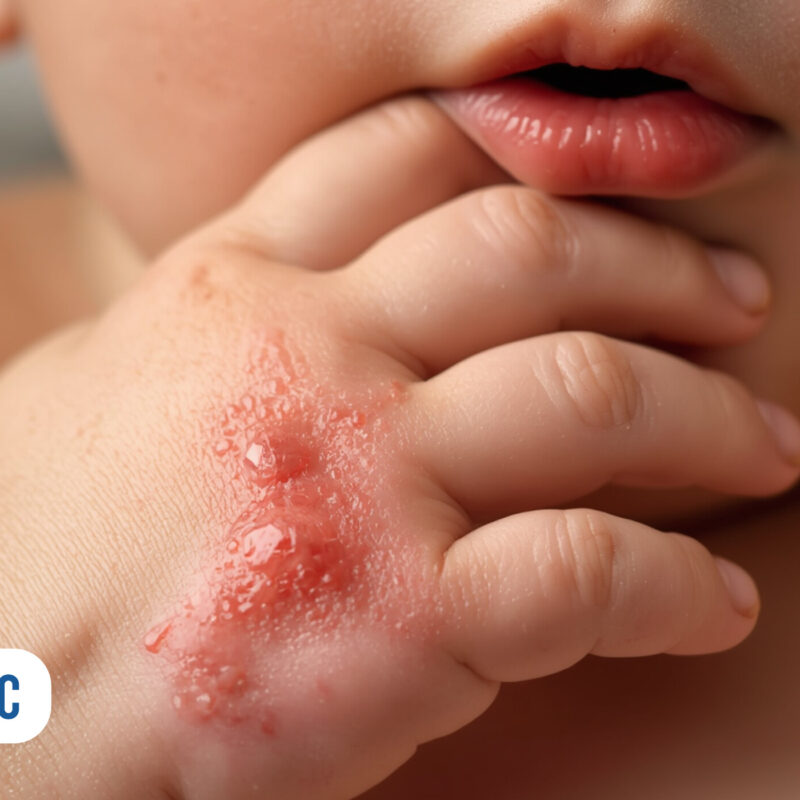 Mão de bebê com irritação e lesão na pele