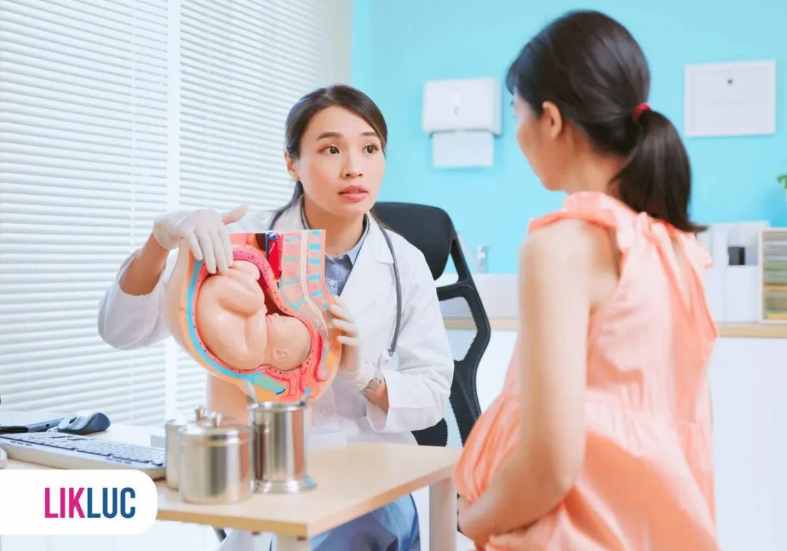 Paciente grávida consultando com obstetra e mostrando maquete de barriga de mulher grávida e como o bebê se desenvolve
